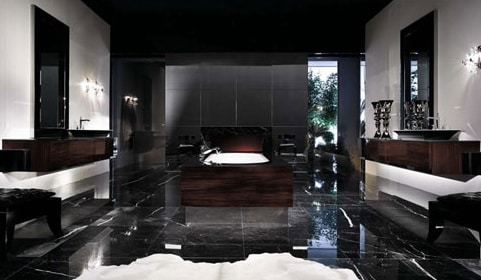 Cuarto de baño moderno de lujo con suelo de mármol oscuro